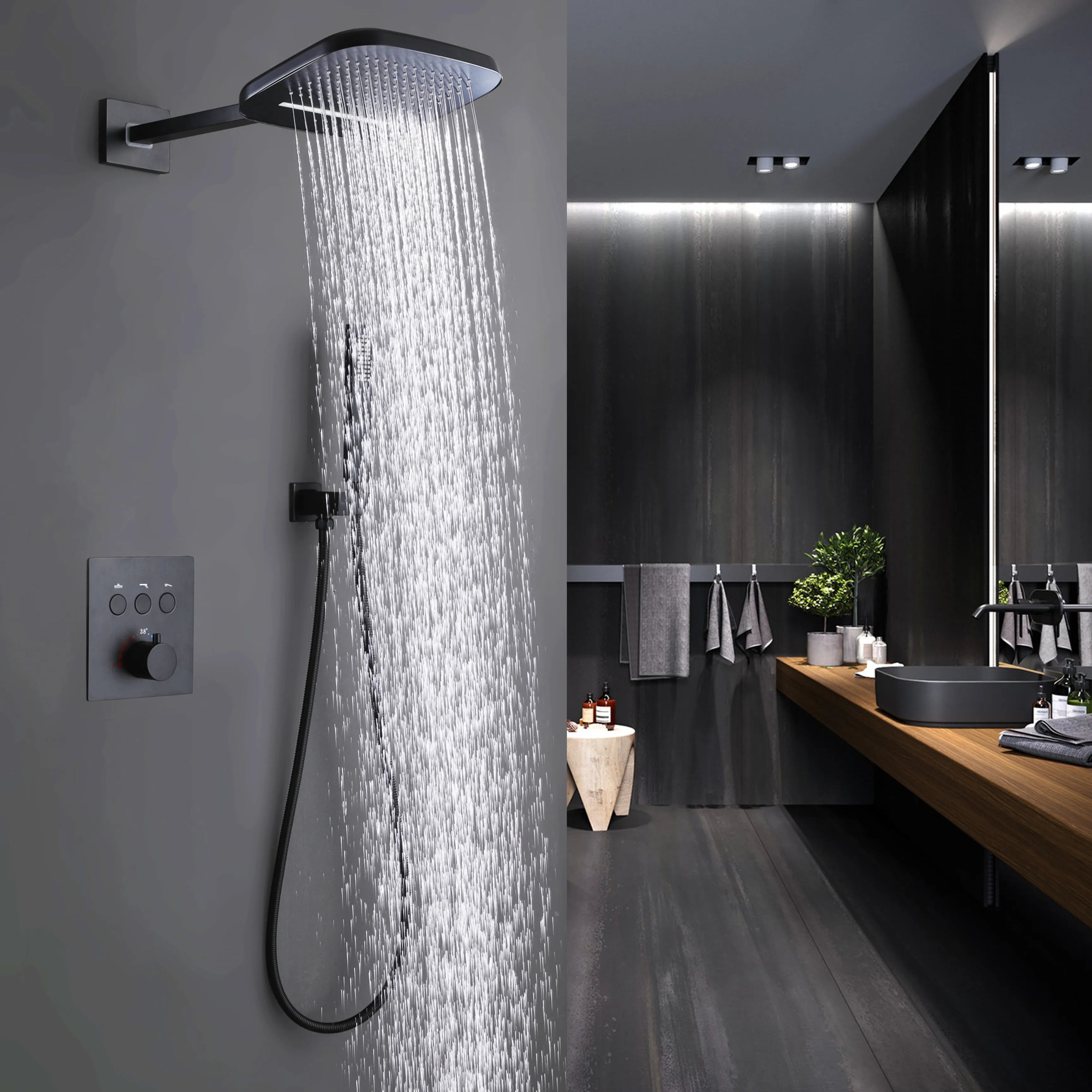 Rain Shower System With Pressure Balance Valve, Rain Shower Head,Handheld Shower Head,Brushed Nickel Matte Black Polish Chrome