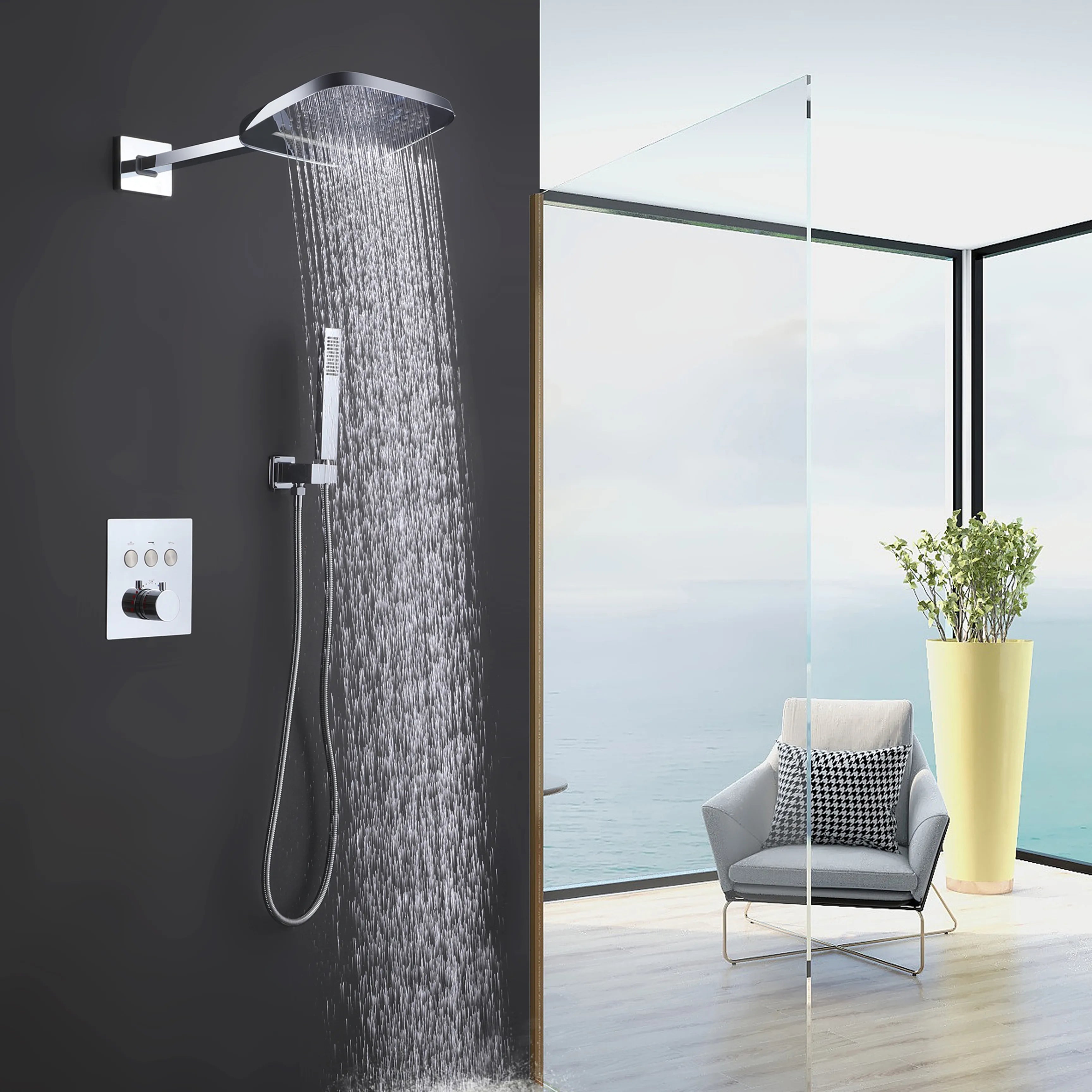 Rain Shower System With Pressure Balance Valve, Rain Shower Head,Handheld Shower Head,Brushed Nickel Matte Black Polish Chrome