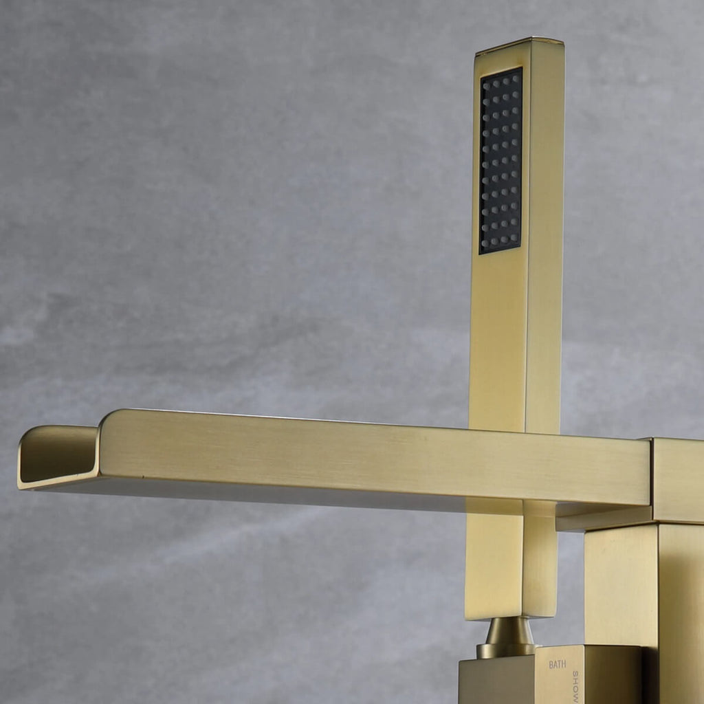 Square Dual-Handle Freestanding Bathtub Faucet with Open Waterfall Spout and Hand Shower