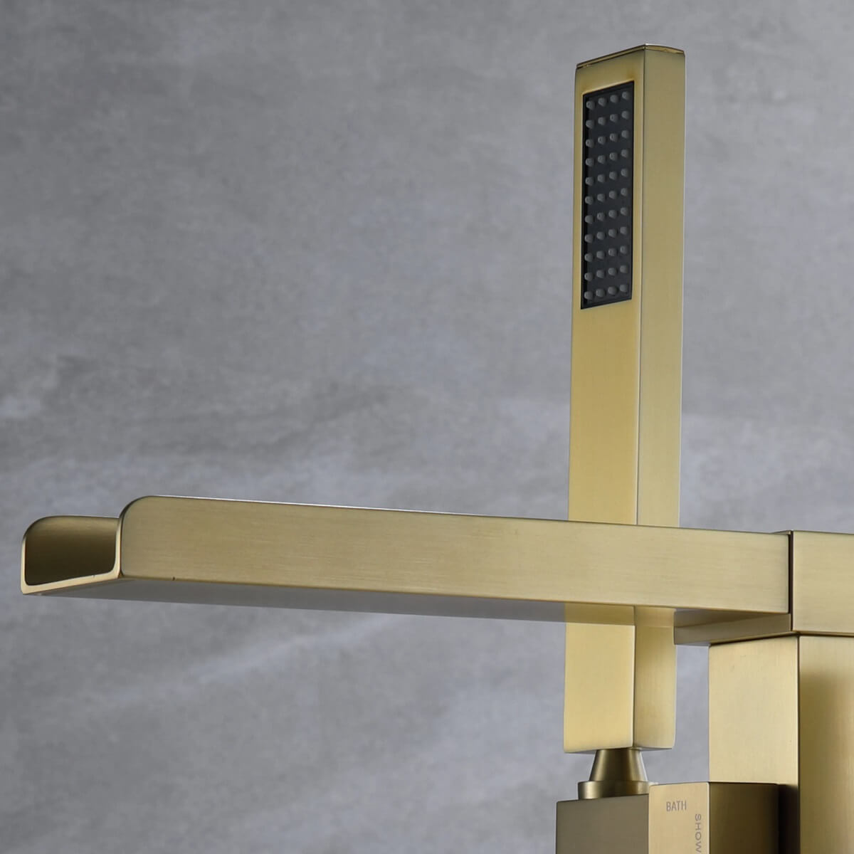 Square Dual-Handle Freestanding Bathtub Faucet with Open Waterfall Spout and Hand Shower