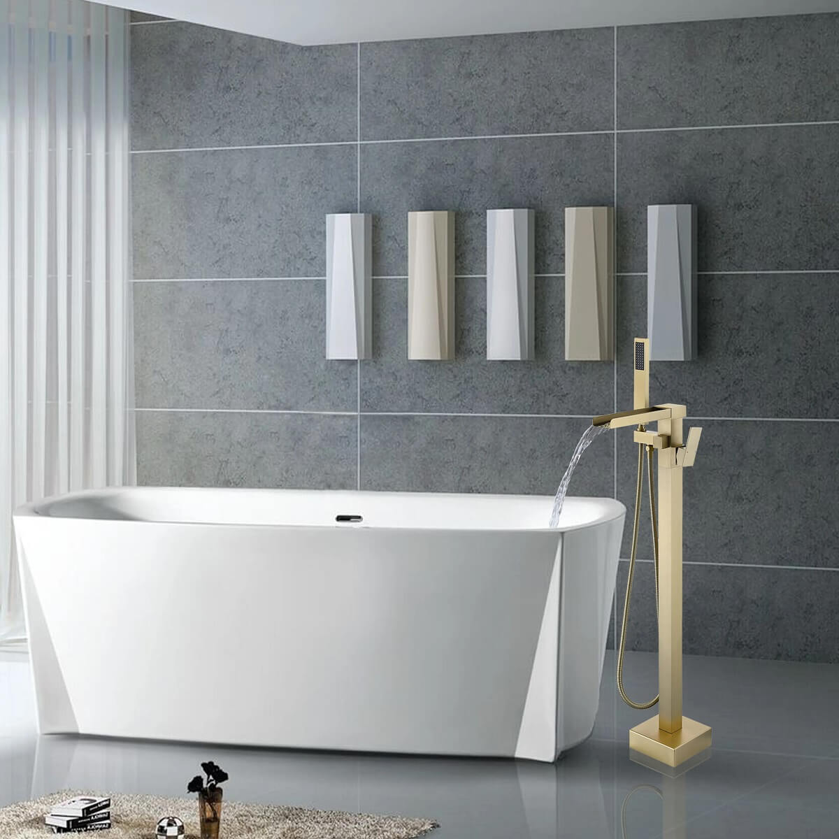Square Dual-Handle Freestanding Bathtub Faucet with Open Waterfall Spout and Hand Shower