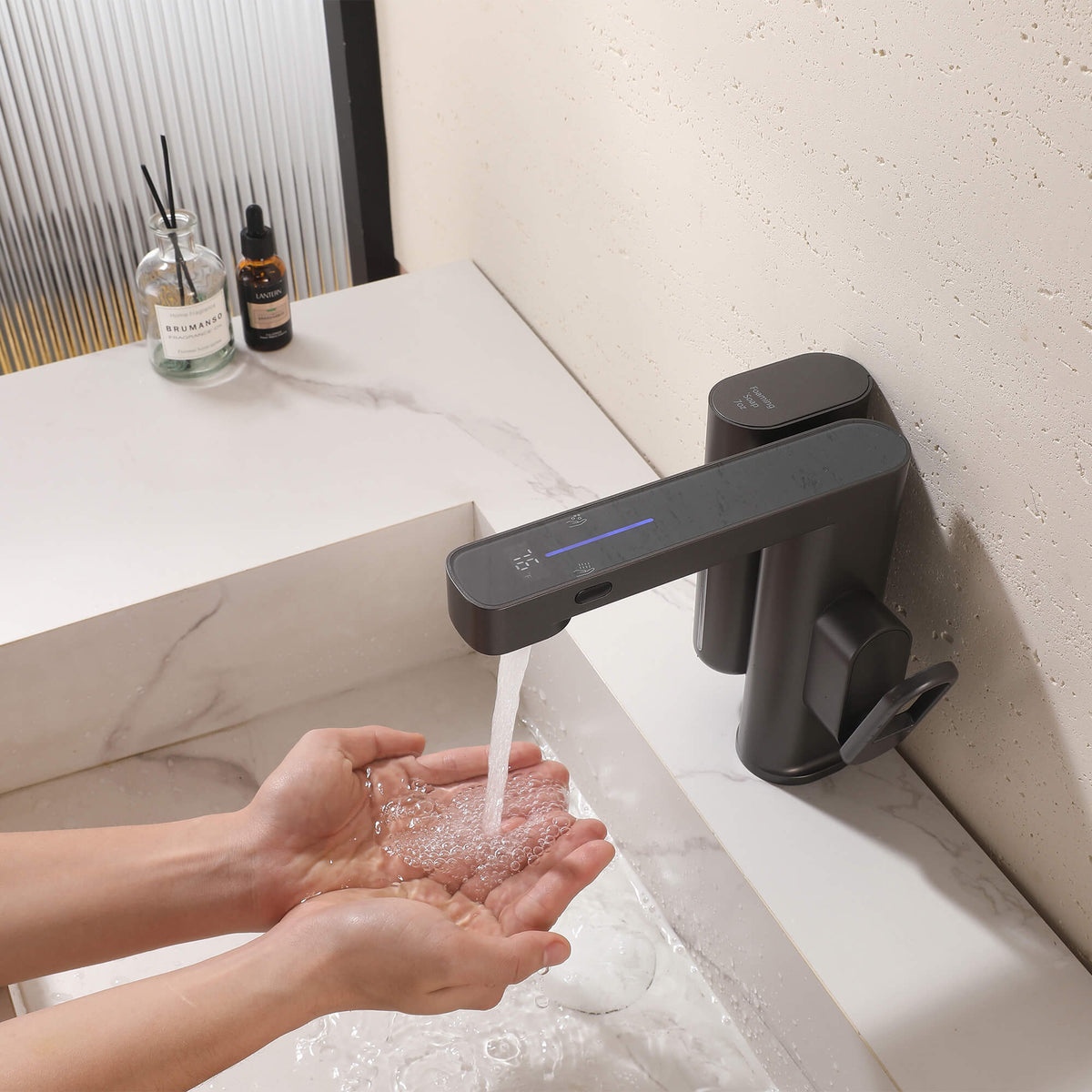 Touchless Smart Soap & Water Sensor Basin Faucet with Integrated Digital Temperature Screen