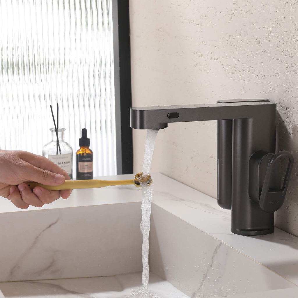 Touchless Smart Soap & Water Sensor Basin Faucet with Integrated Digital Temperature Screen