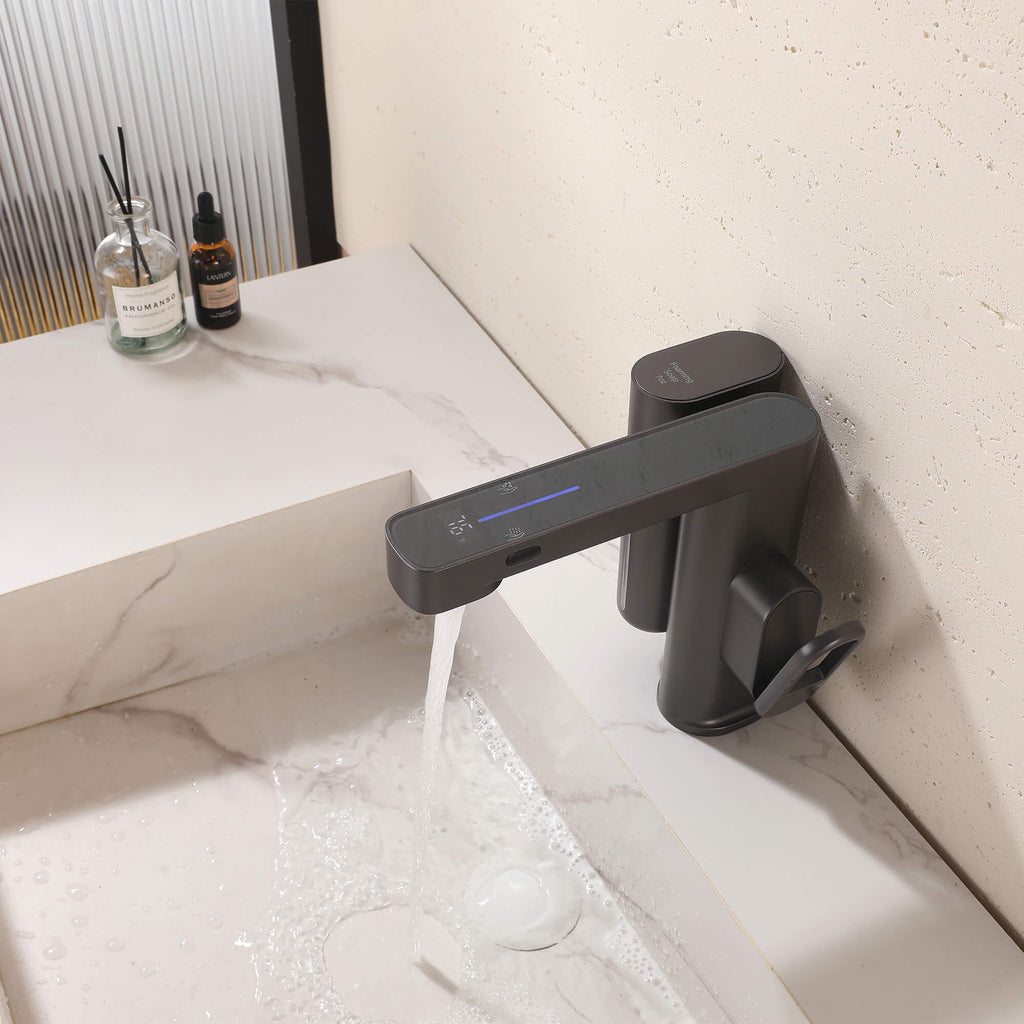 Touchless Smart Soap & Water Sensor Basin Faucet with Integrated Digital Temperature Screen