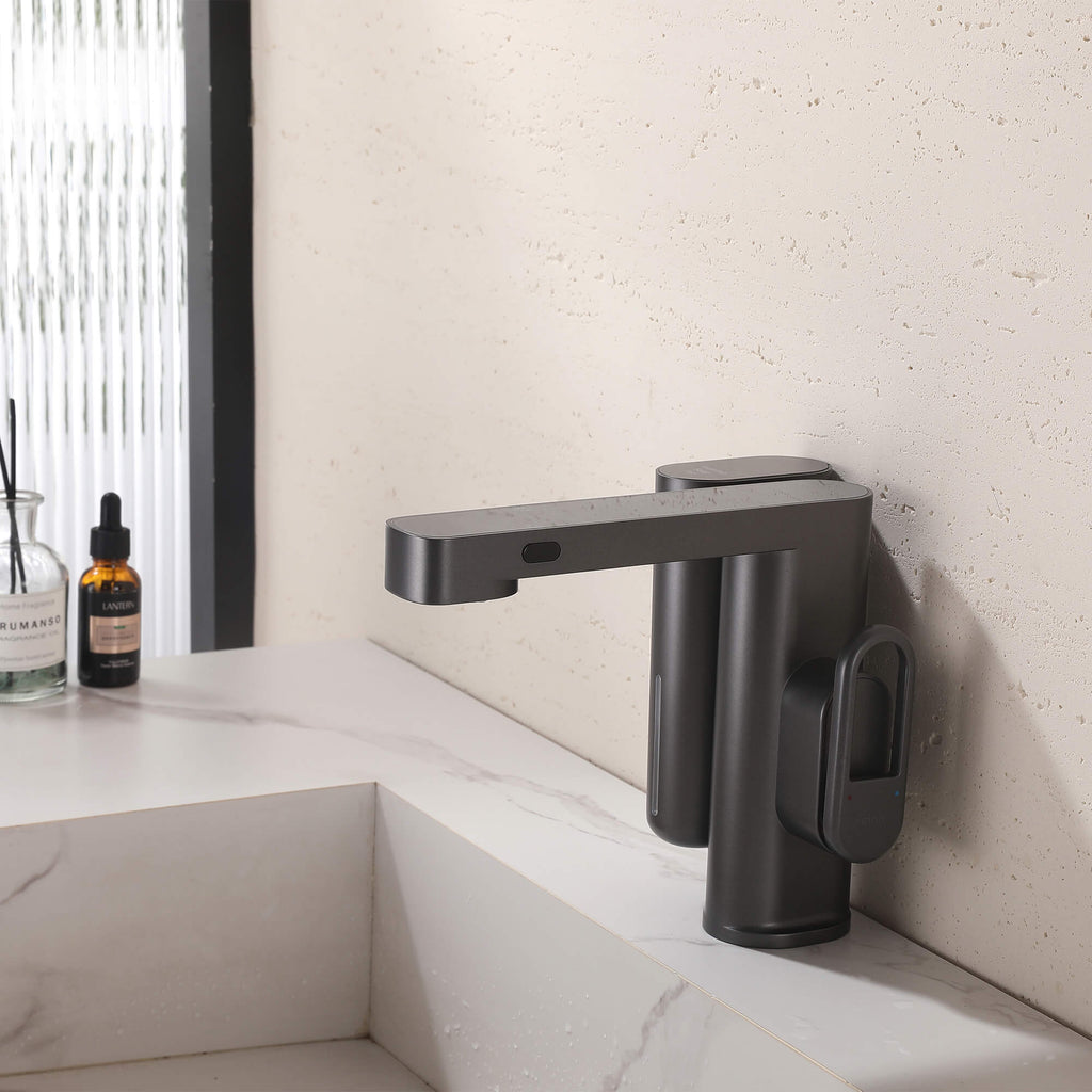 Touchless Smart Soap & Water Sensor Basin Faucet with Integrated Digital Temperature Screen