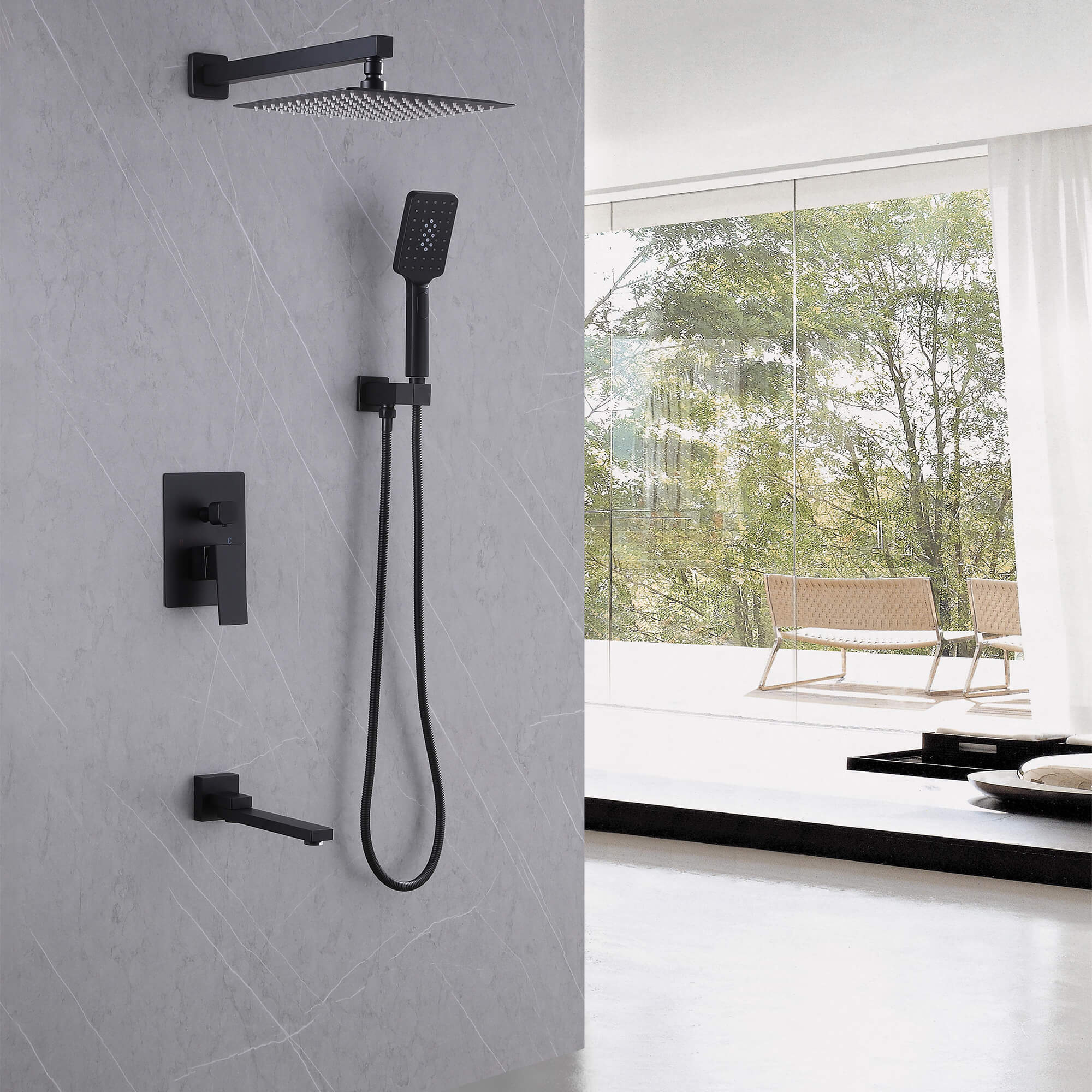 Concealed Tub Shower System with Fold-Away Tub Spout & 3-Function Hand Shower