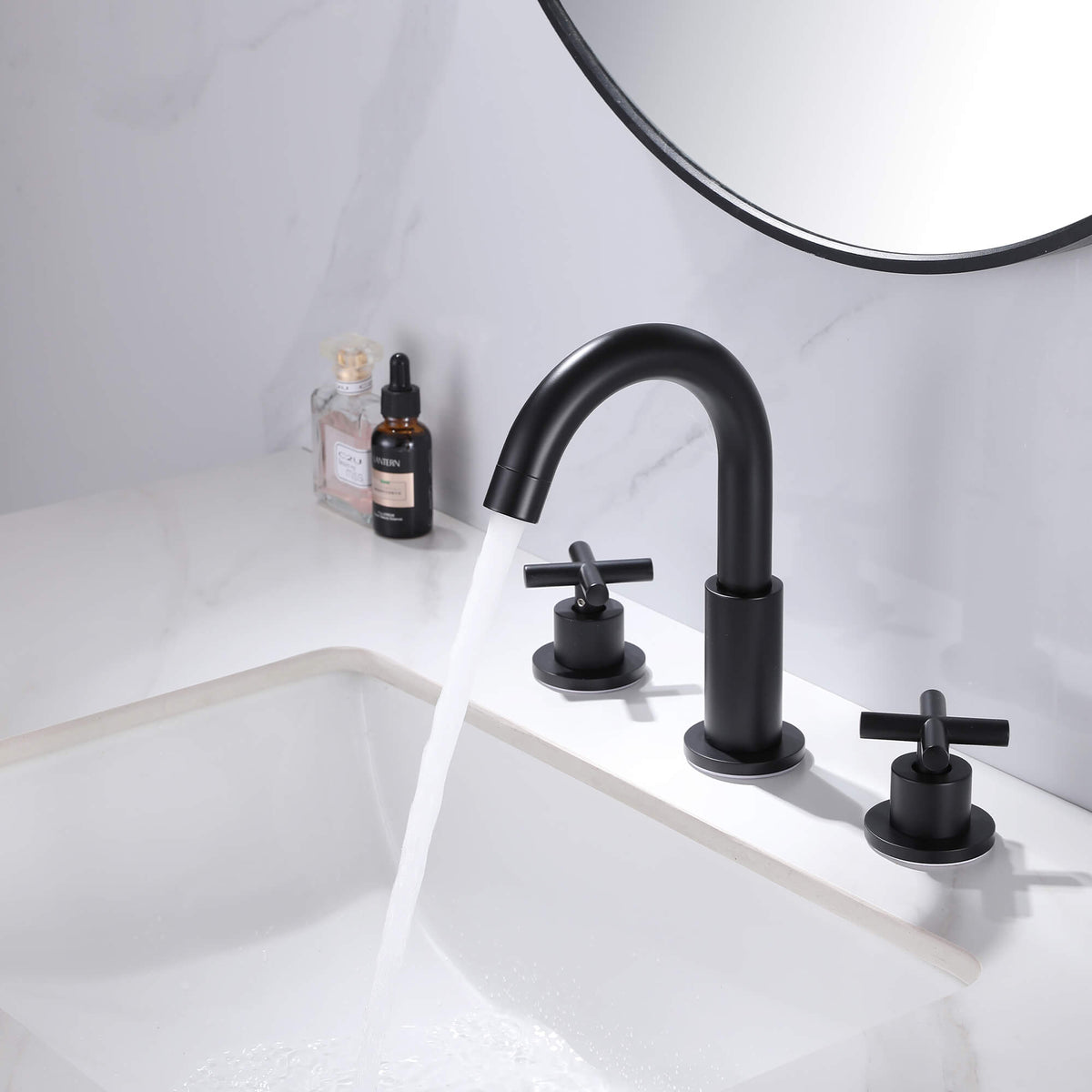 8" Spread 3-Hole Brass Gooseneck Bathroom Faucet - 2 Cross Handles Drain Assembly