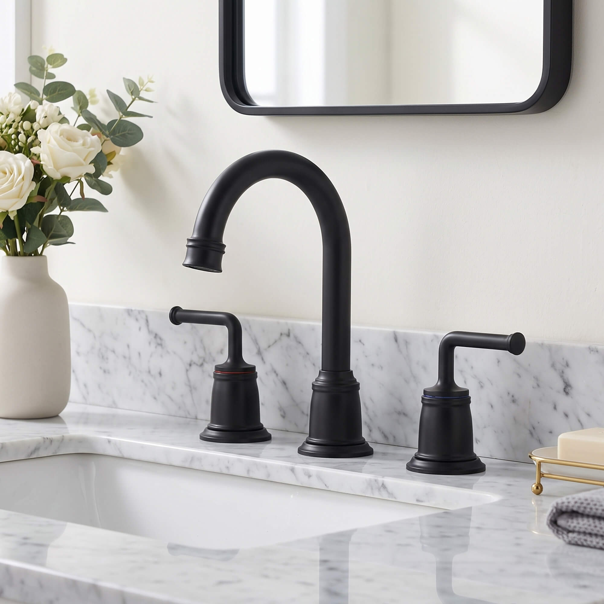 360° Swivel Gooseneck Widespread Bathroom Sink Faucet with Drain