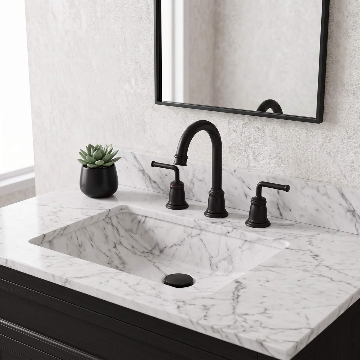 360° Swivel Gooseneck Widespread Bathroom Sink Faucet with Drain