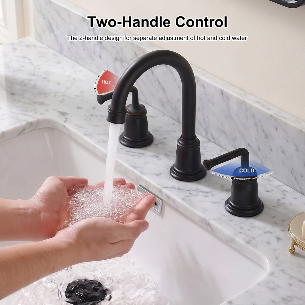 360° Swivel Gooseneck Widespread Bathroom Sink Faucet with Drain