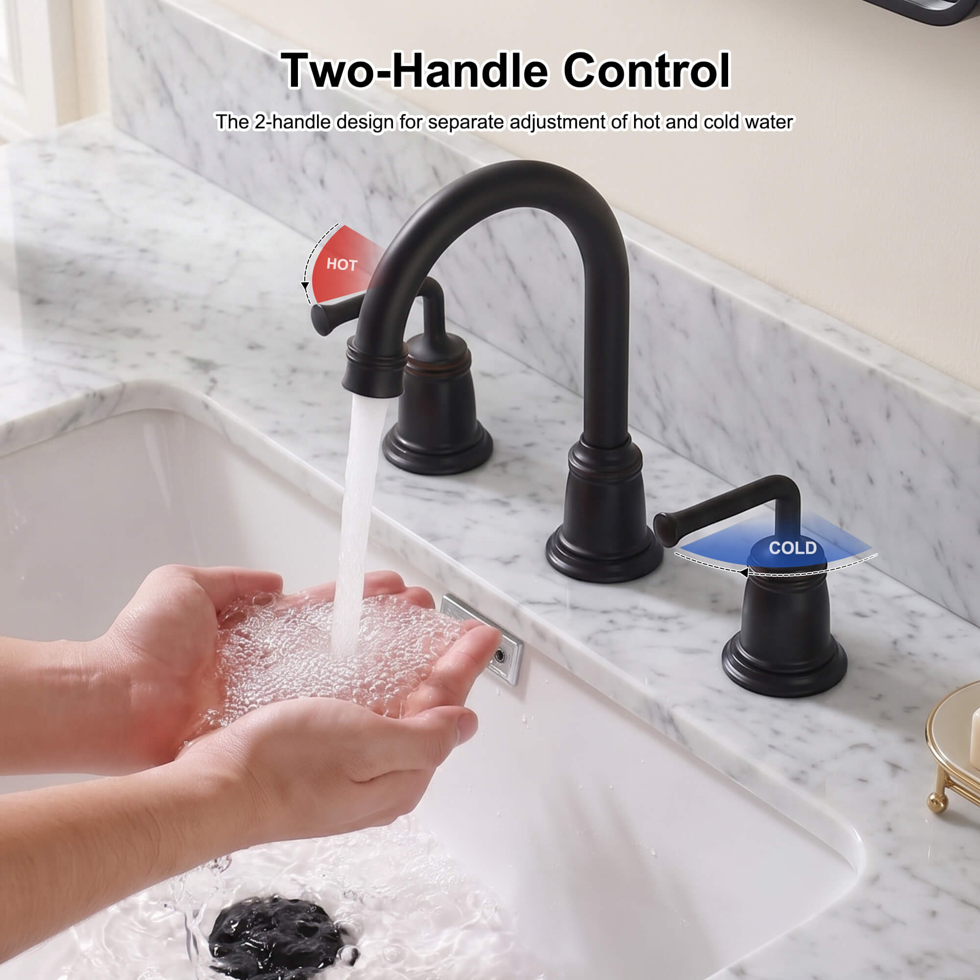 360° Swivel Gooseneck Widespread Bathroom Sink Faucet with Drain