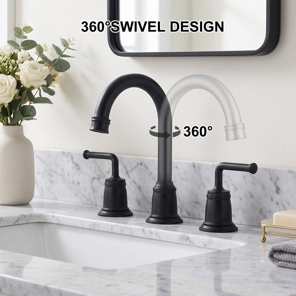 360° Swivel Gooseneck Widespread Bathroom Sink Faucet with Drain