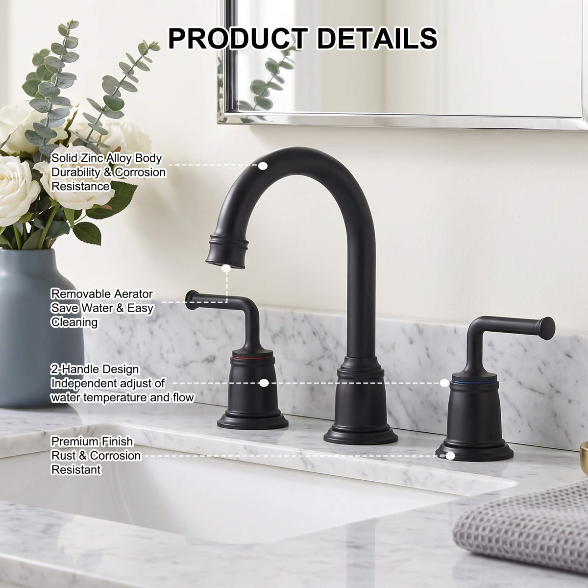 360° Swivel Gooseneck Widespread Bathroom Sink Faucet with Drain