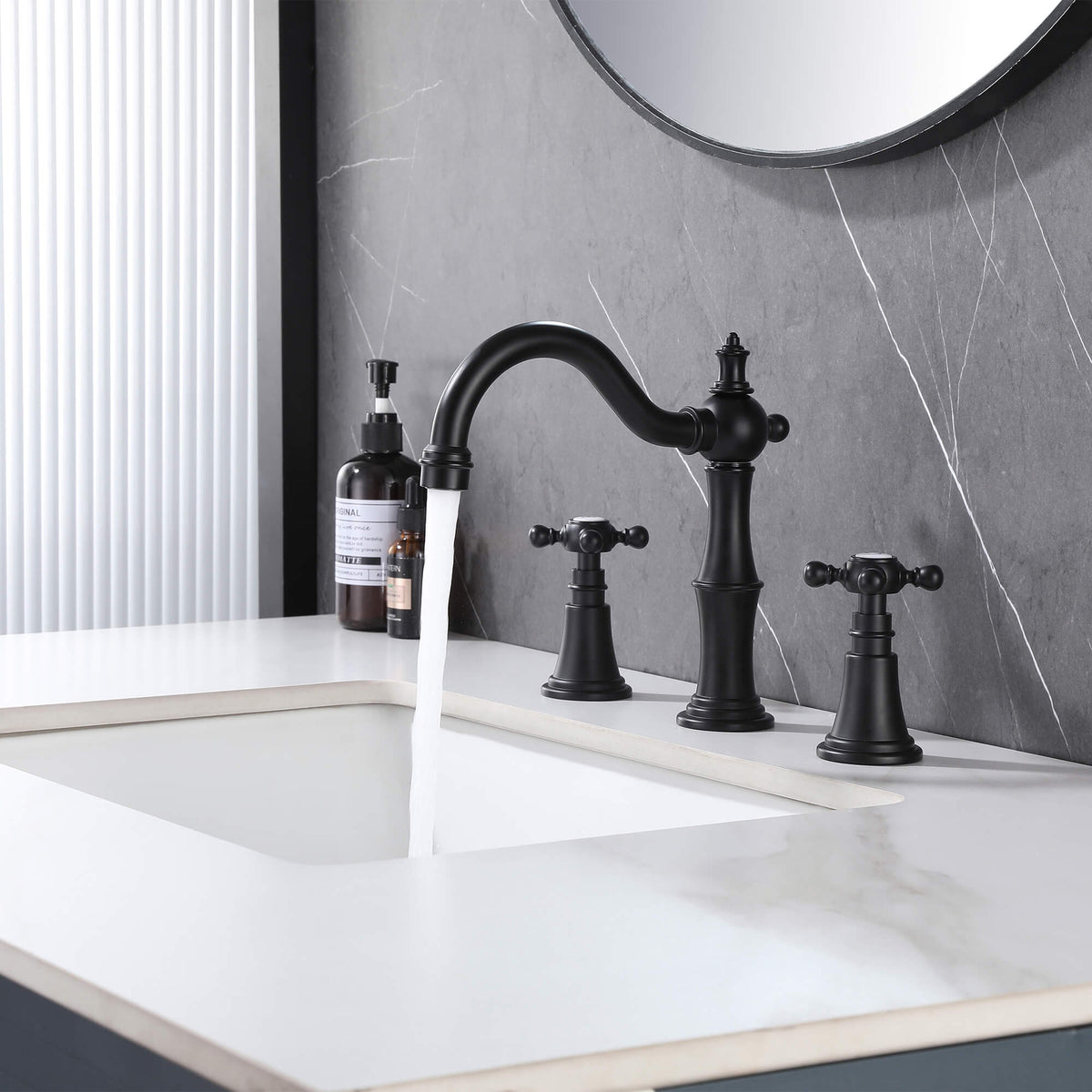 8" Spread 3-Hole Bathroom Faucet with 360° Spout Dual Cross Handles