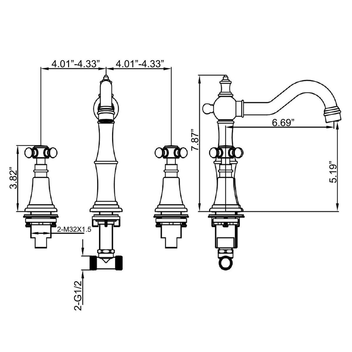 8" Spread 3-Hole Bathroom Faucet with 360° Spout Dual Cross Handles