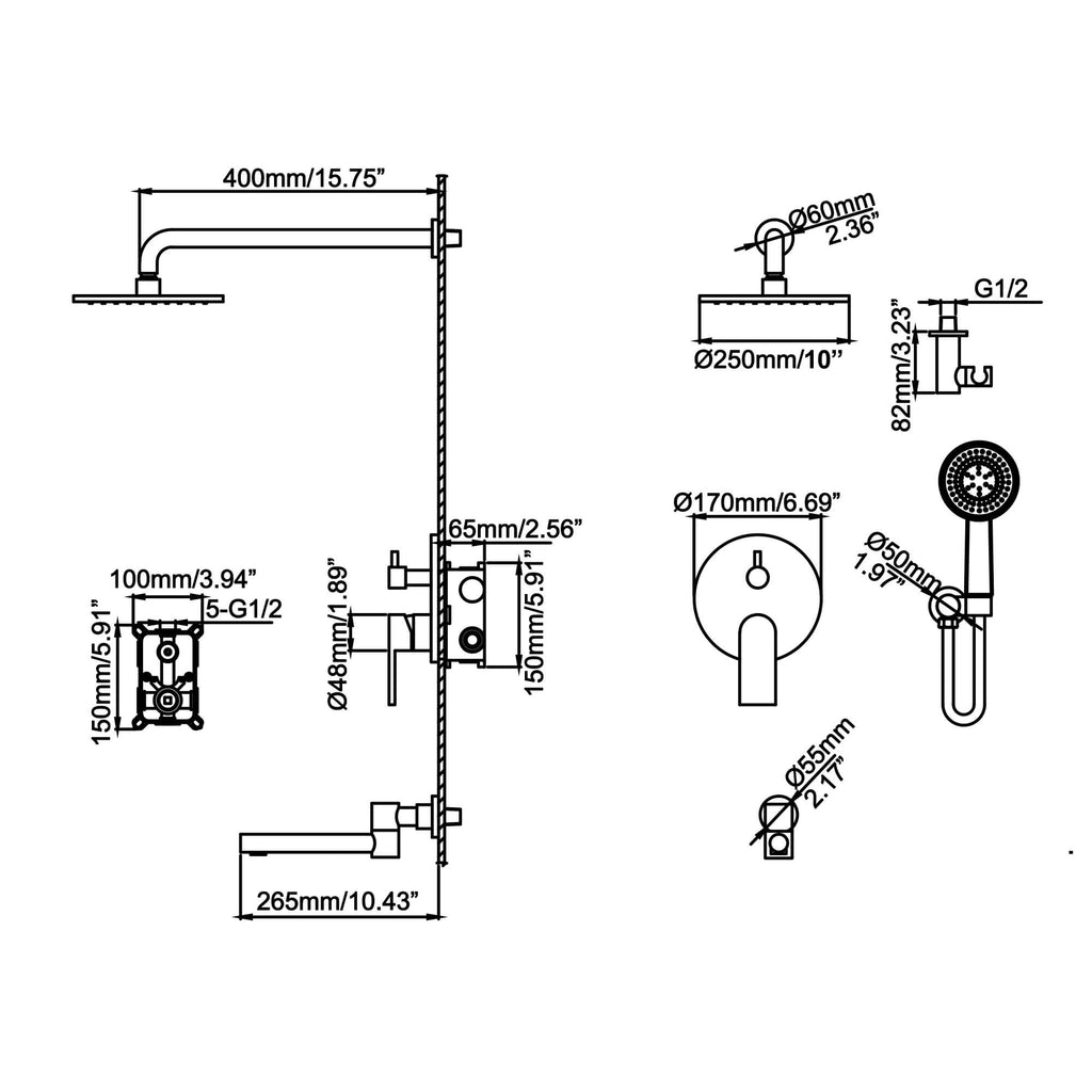 3-Outlet Shower System with 3-Function Handheld Swivel Tub Spout