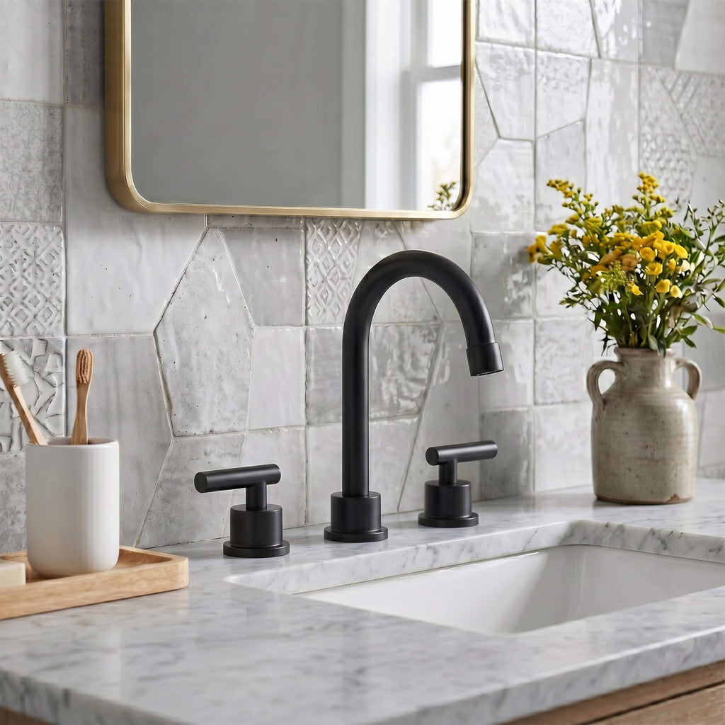 360° Swivel Gooseneck 3-Hole Widespread Bathroom Sink Faucet with Drain