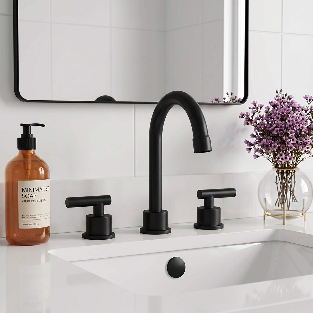 360° Swivel Gooseneck 3-Hole Widespread Bathroom Sink Faucet with Drain