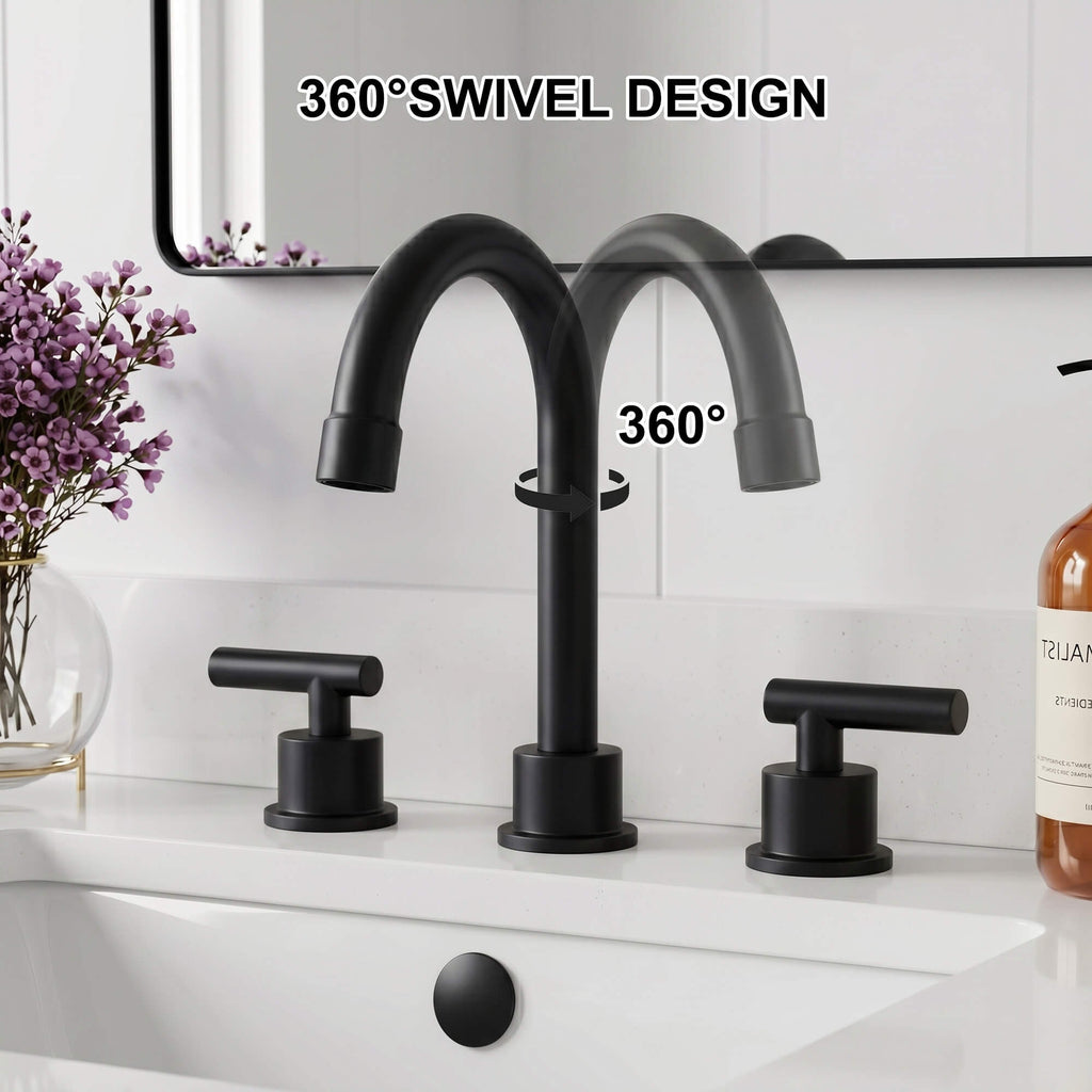 360° Swivel Gooseneck 3-Hole Widespread Bathroom Sink Faucet with Drain