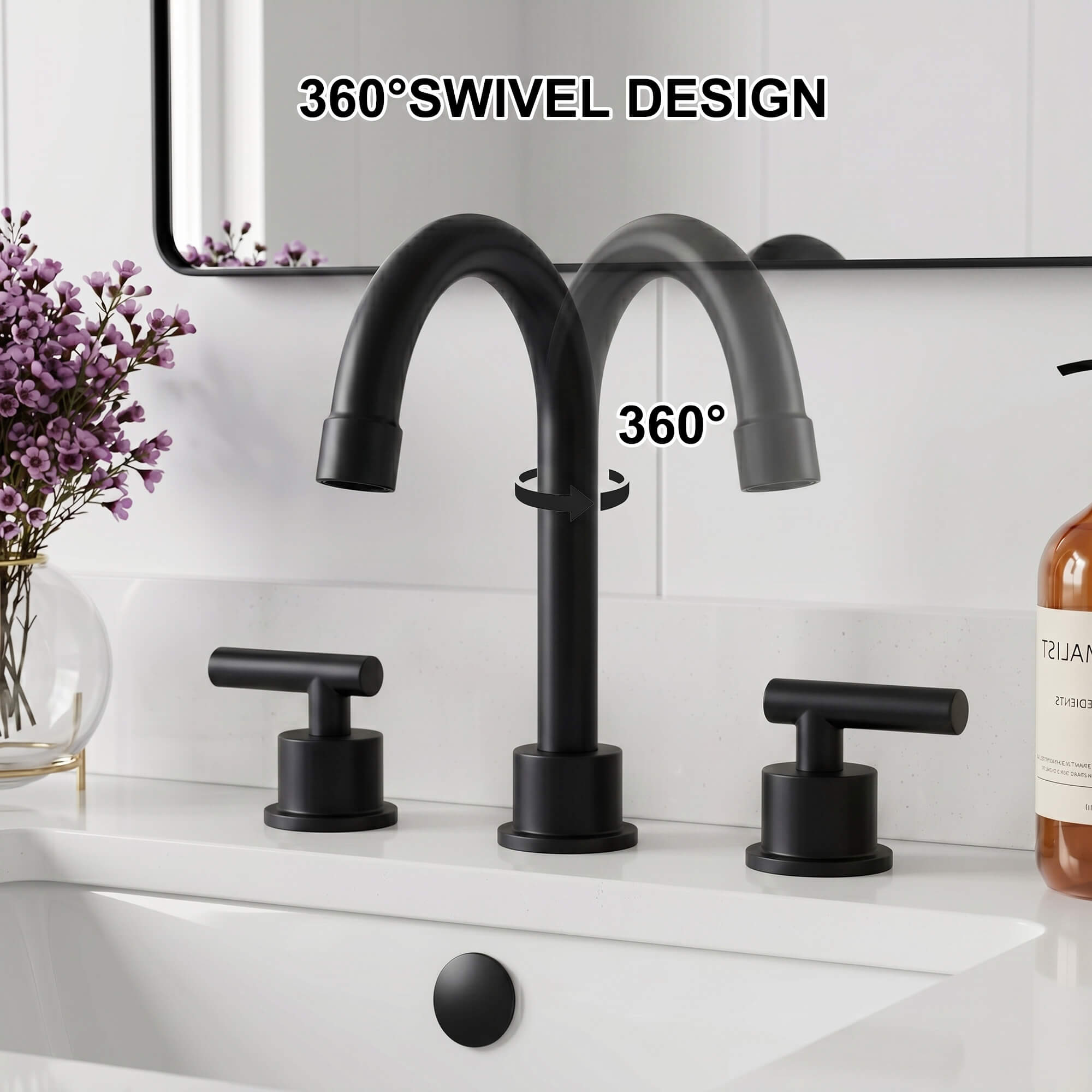 360° Swivel Gooseneck 3-Hole Widespread Bathroom Sink Faucet with Drain
