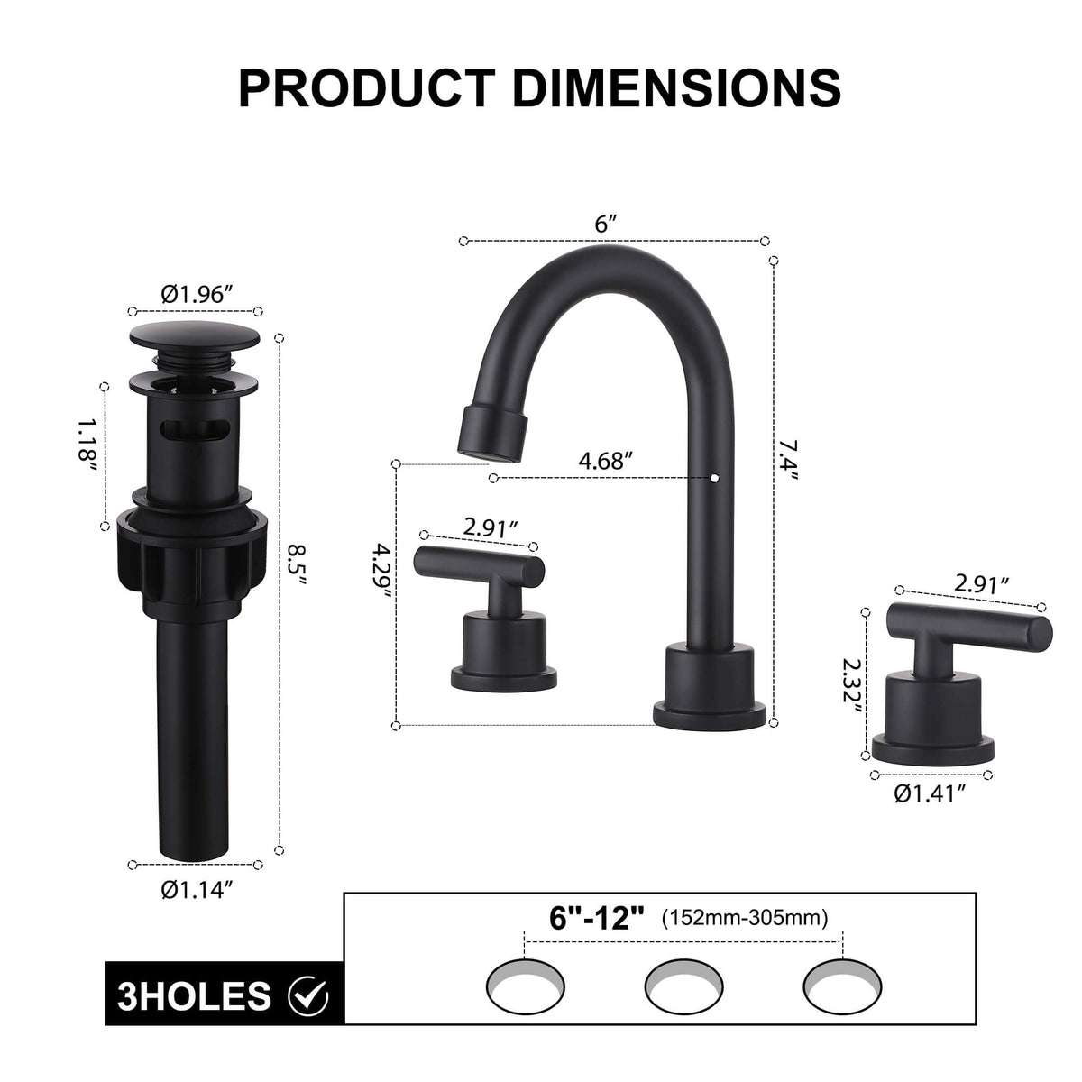 360° Swivel Gooseneck 3-Hole Widespread Bathroom Sink Faucet with Drain