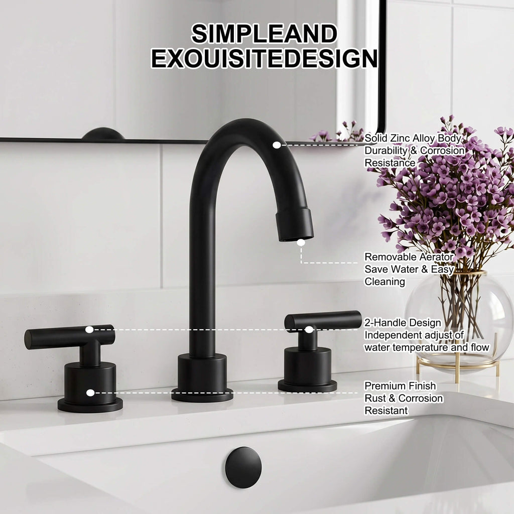 360° Swivel Gooseneck 3-Hole Widespread Bathroom Sink Faucet with Drain
