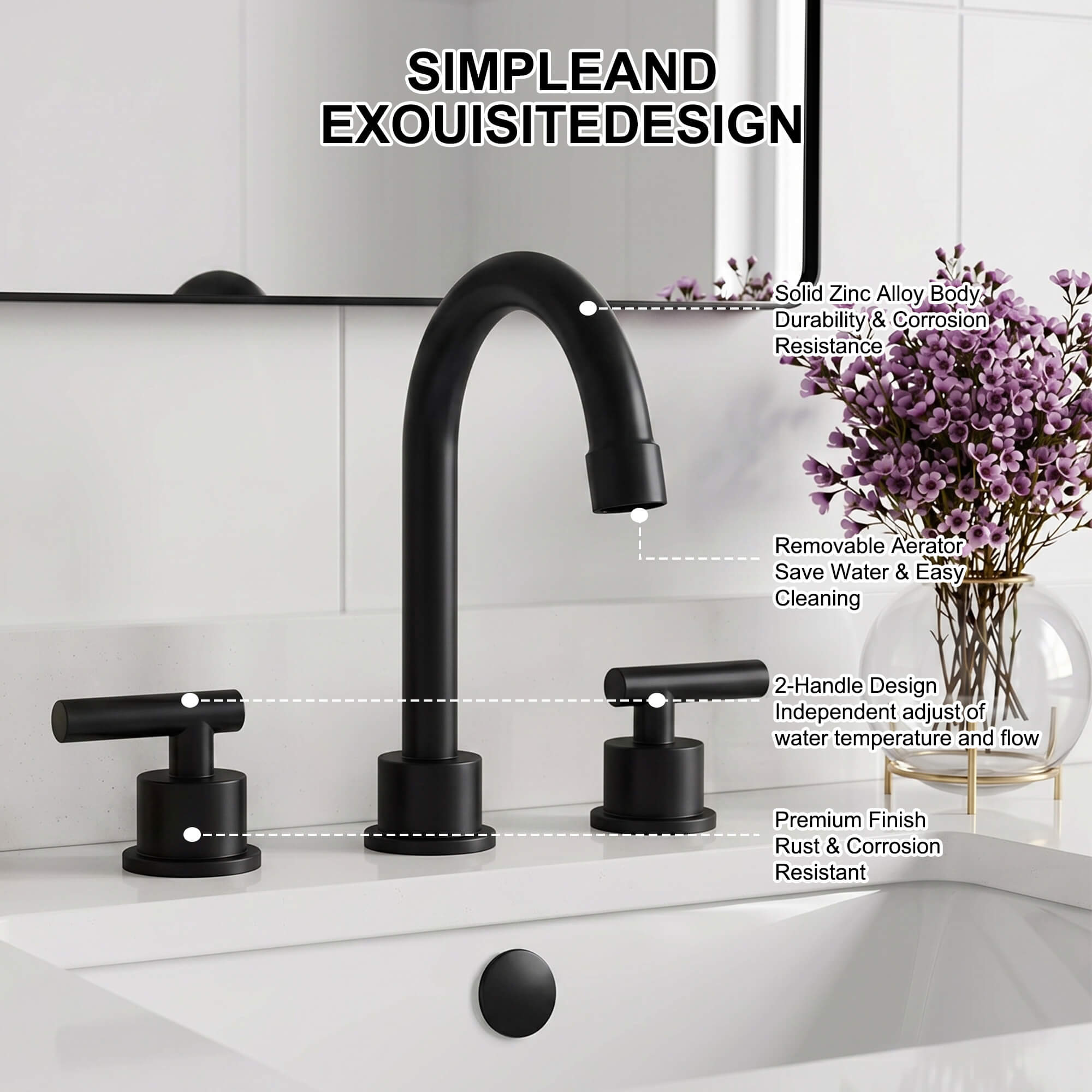 360° Swivel Gooseneck 3-Hole Widespread Bathroom Sink Faucet with Drain