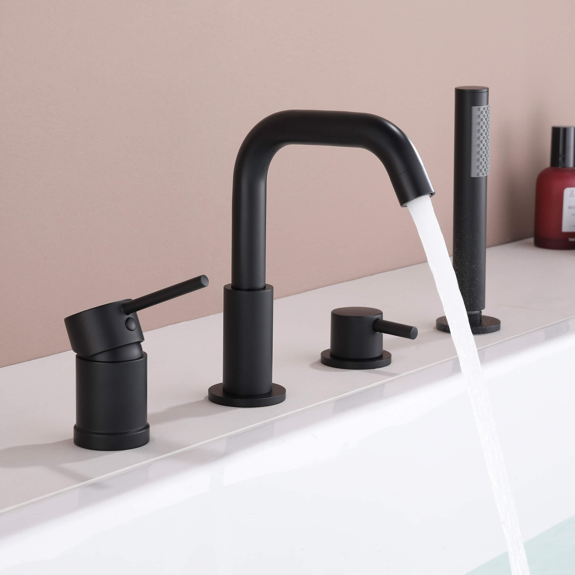 4-Hole Deck Mount Roman Tub Faucet with Hand Shower & Flexible 180° Swivel Tub Spout