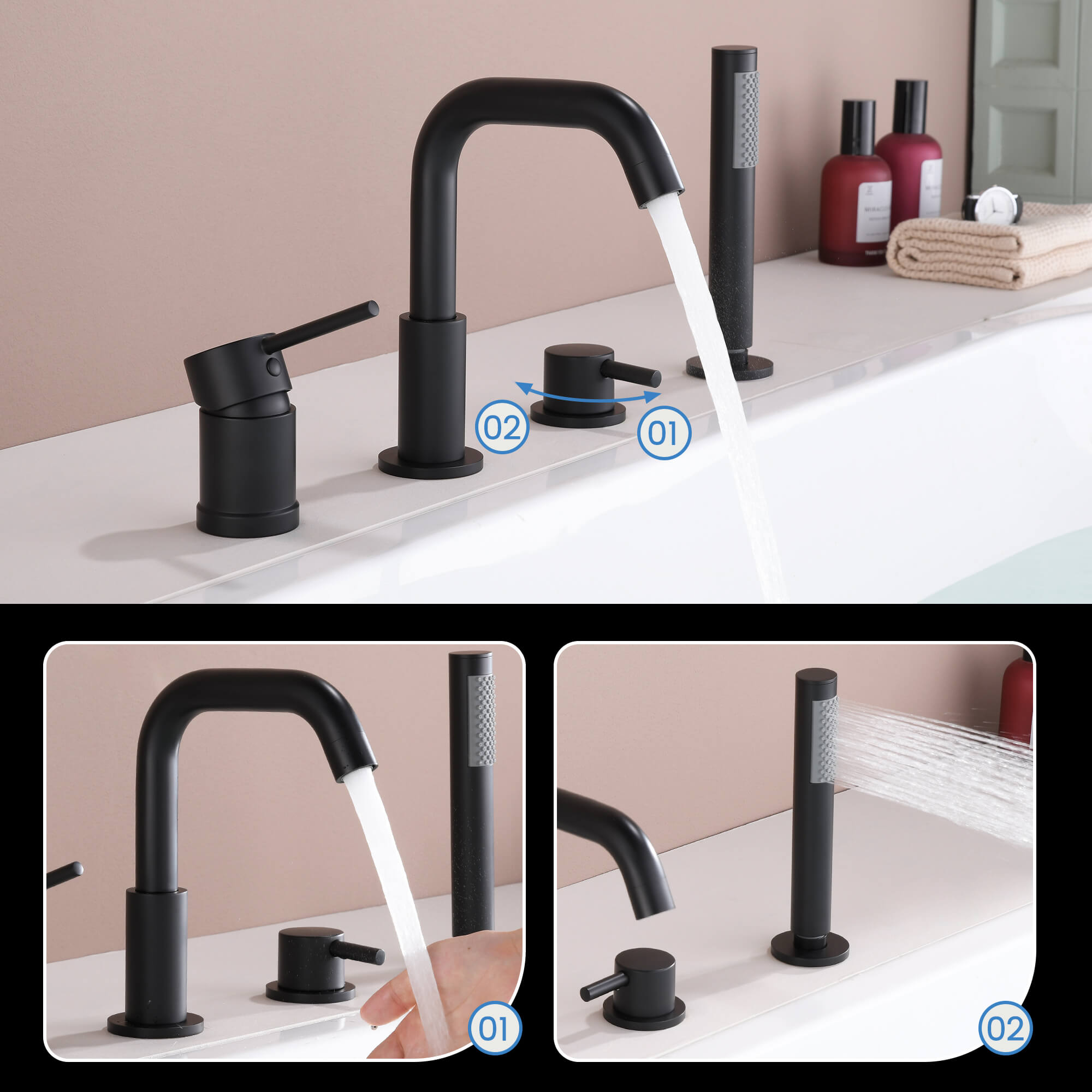 4-Hole Deck Mount Roman Tub Faucet with Hand Shower & Flexible 180° Swivel Tub Spout