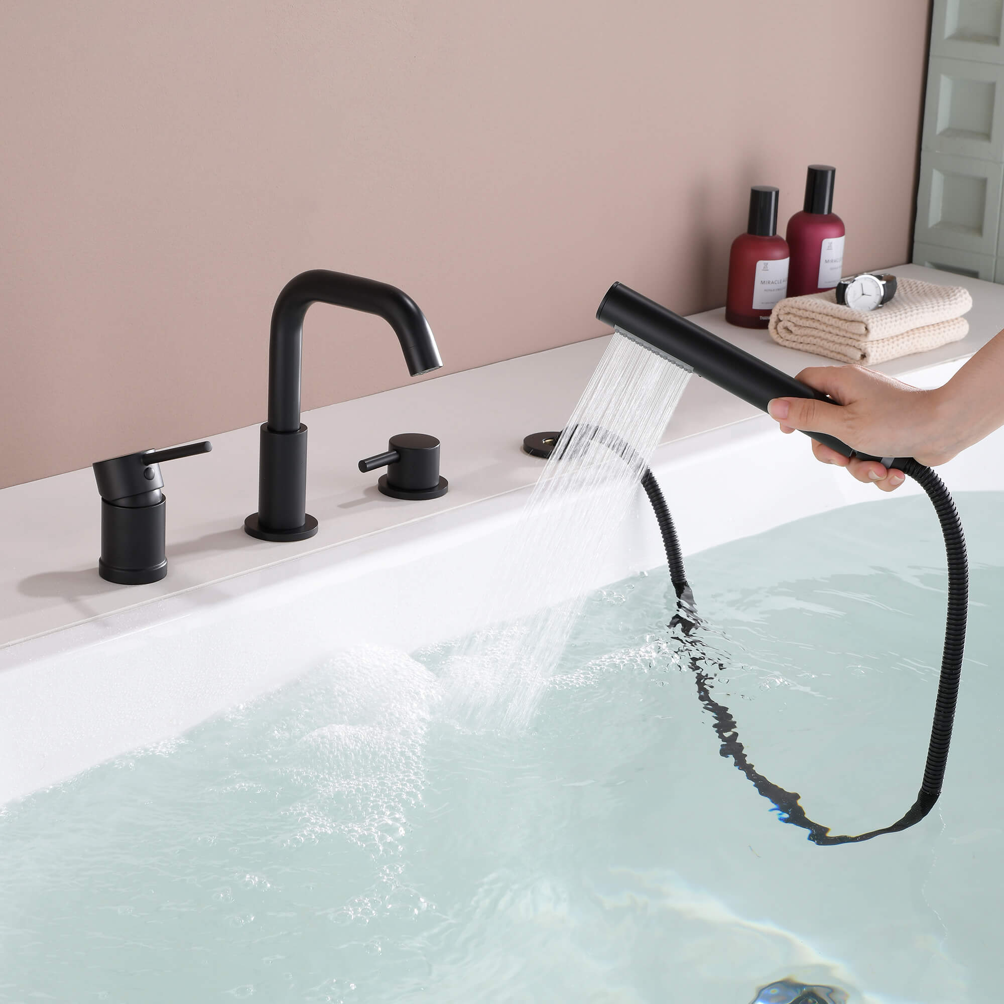 4-Hole Deck Mount Roman Tub Faucet with Hand Shower & Flexible 180° Swivel Tub Spout