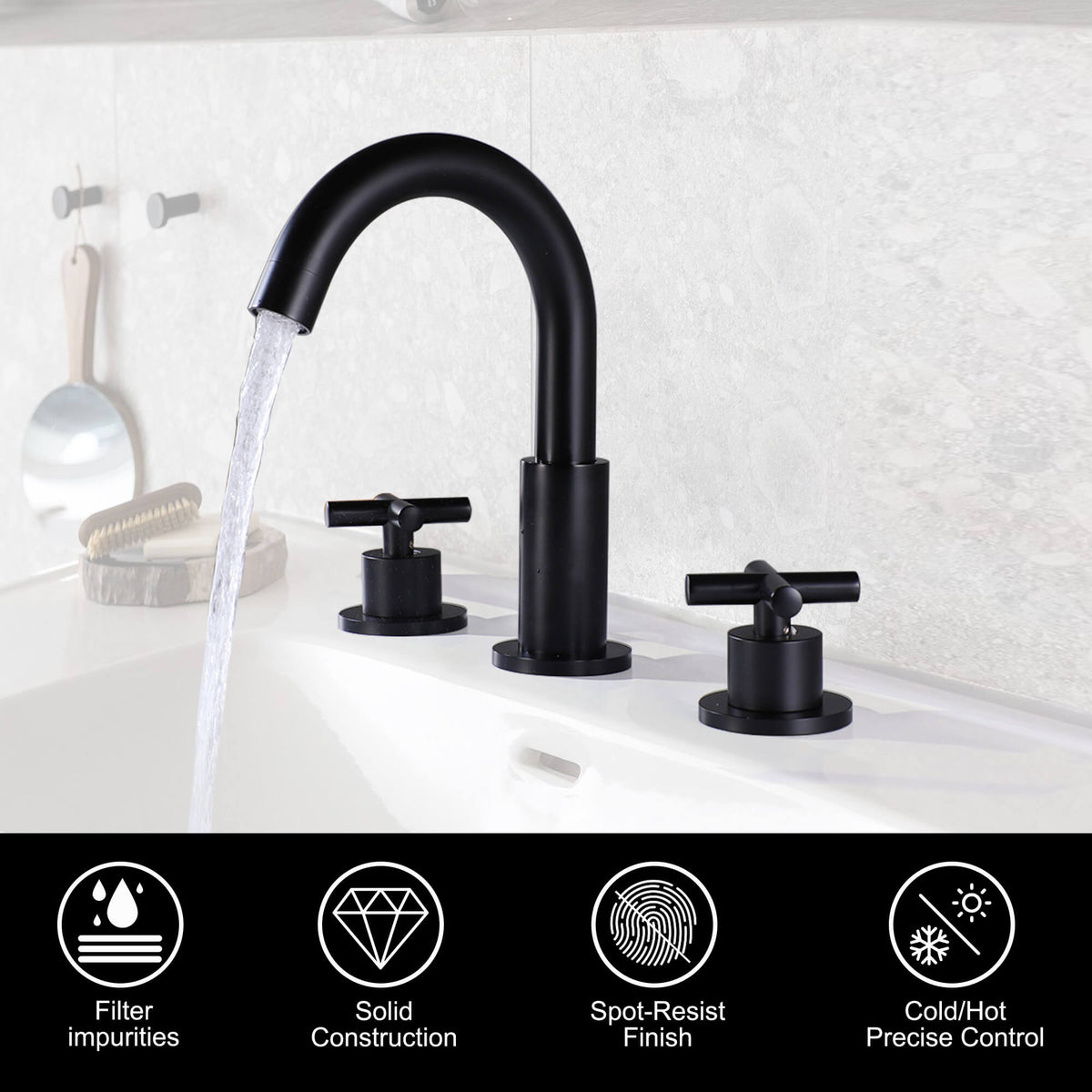 8" Spread 3-Hole Brass Bathroom Faucet - 360° Gooseneck Spout Dual Cross Handles