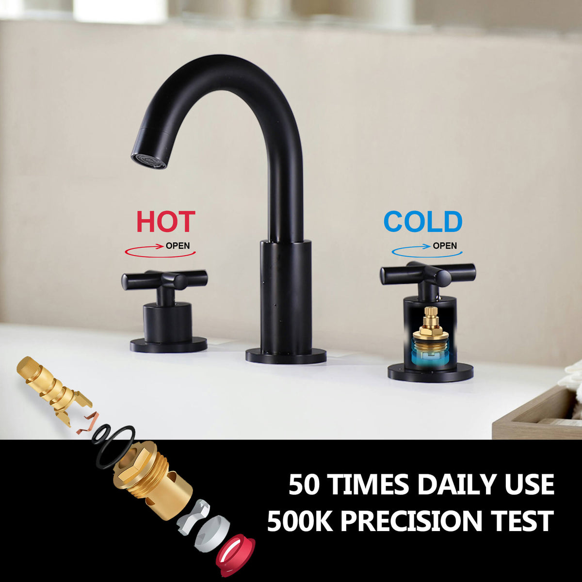 8" Spread 3-Hole Brass Bathroom Faucet - 360° Gooseneck Spout Dual Cross Handles
