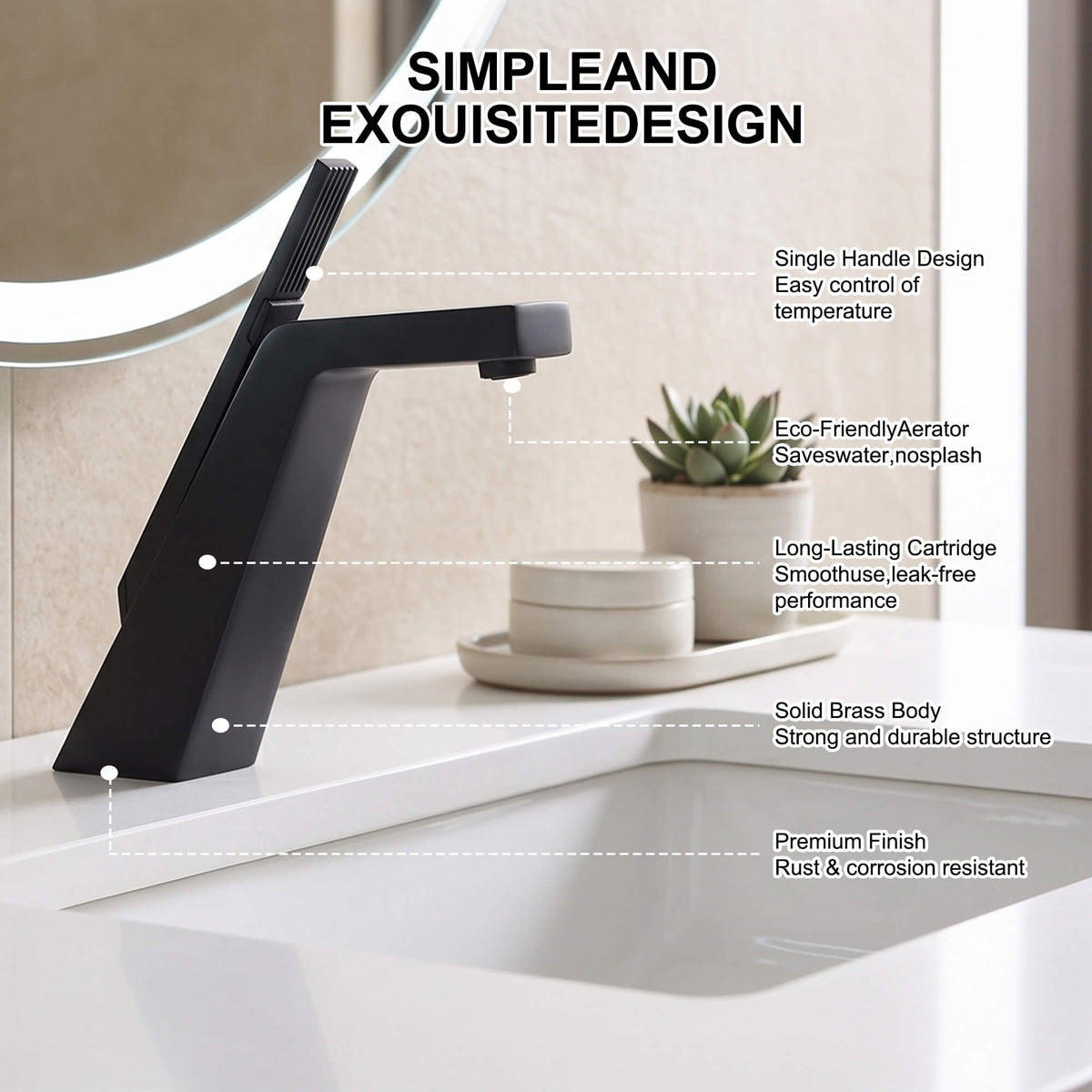 Brass Modern Single-Hole Bathroom Sink Faucet with 5° Angled Spout