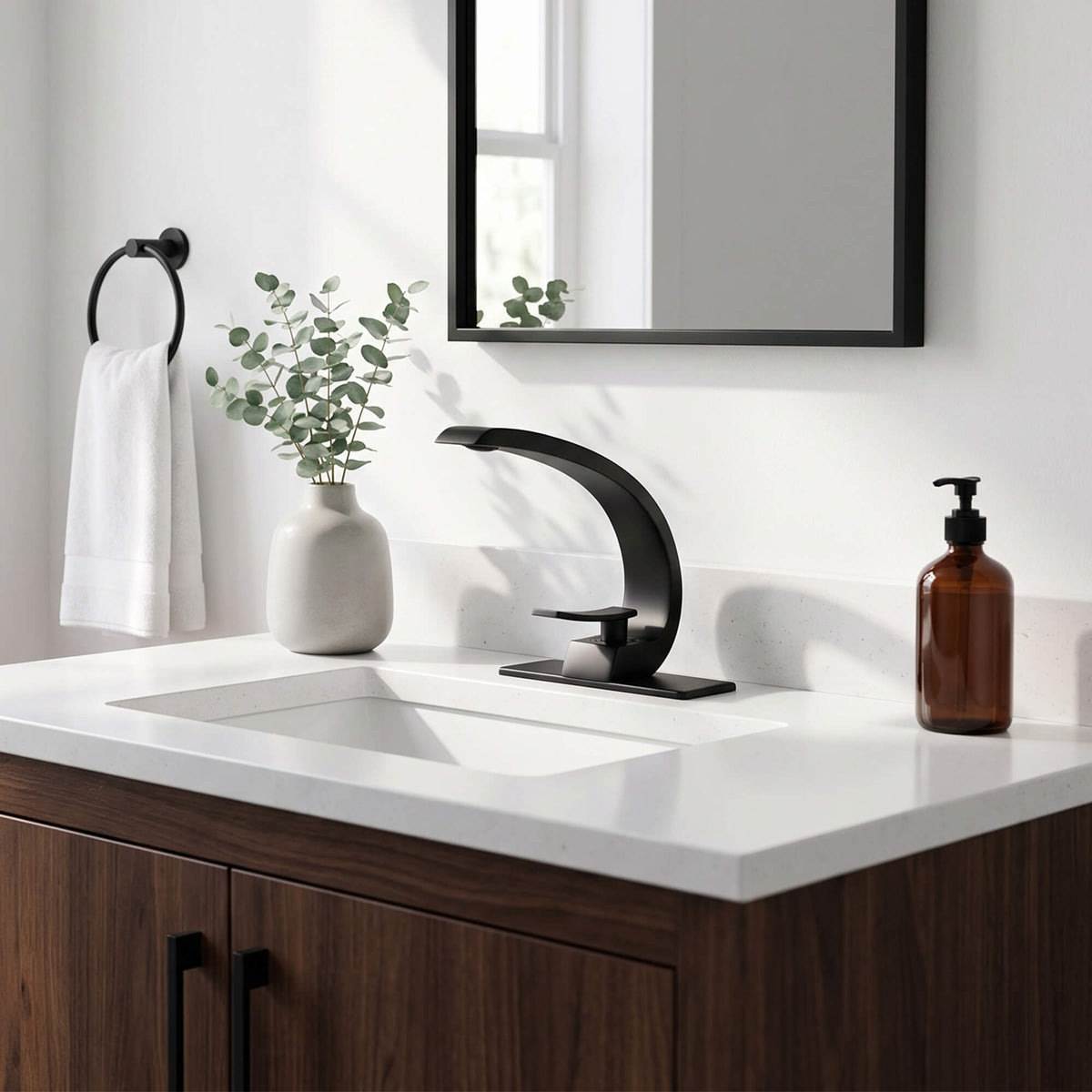7.68" Brass Single Hole Single Lever Handle Bathroom Sink Faucet with Curved Spout