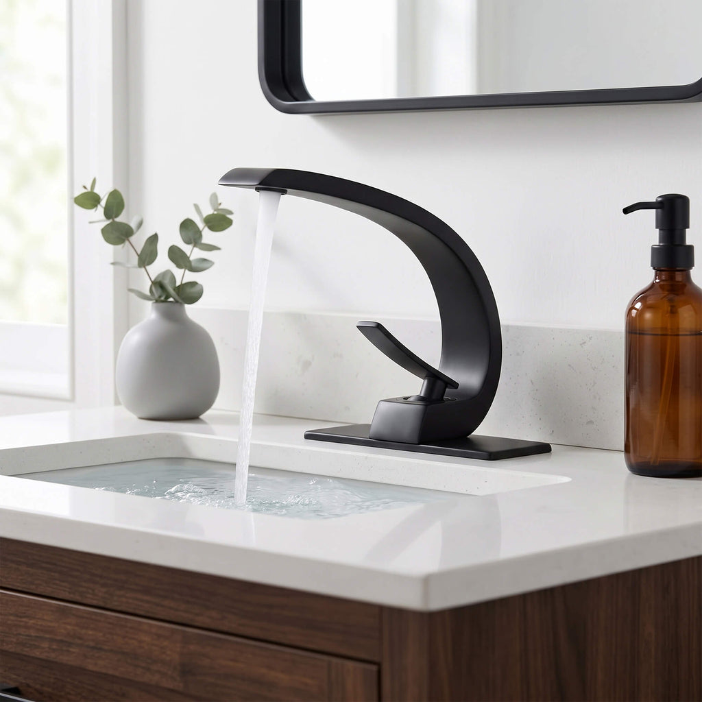 7.68" Brass Single Hole Single Lever Handle Bathroom Sink Faucet with Curved Spout
