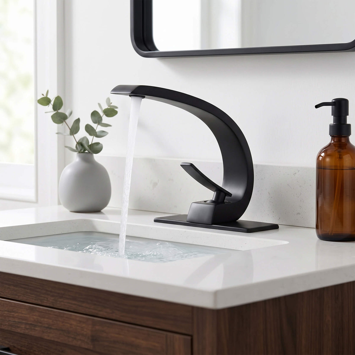 7.68" Brass Single Hole Single Lever Handle Bathroom Sink Faucet with Curved Spout