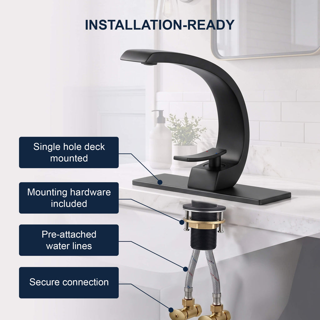 7.68" Brass Single Hole Single Lever Handle Bathroom Sink Faucet with Curved Spout