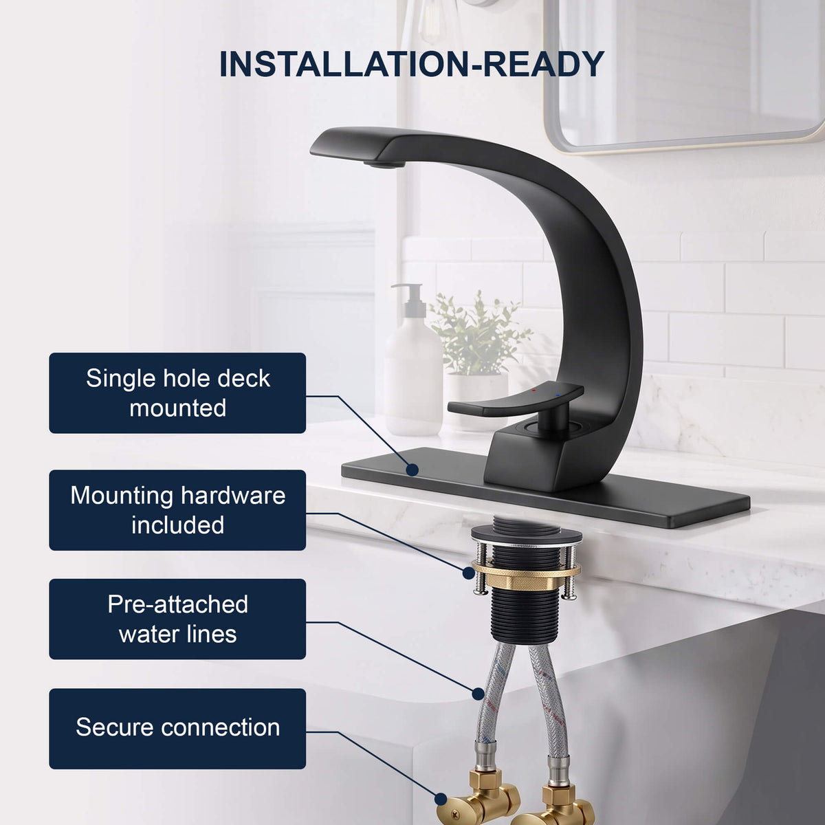7.68" Brass Single Hole Single Lever Handle Bathroom Sink Faucet with Curved Spout