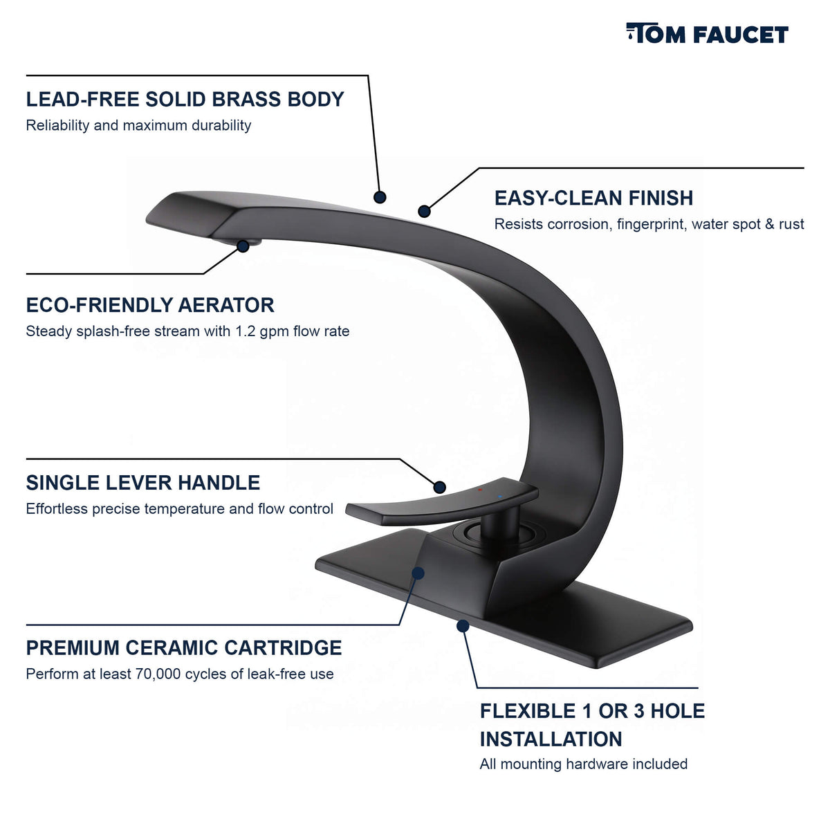7.68" Brass Single Hole Single Lever Handle Bathroom Sink Faucet with Curved Spout