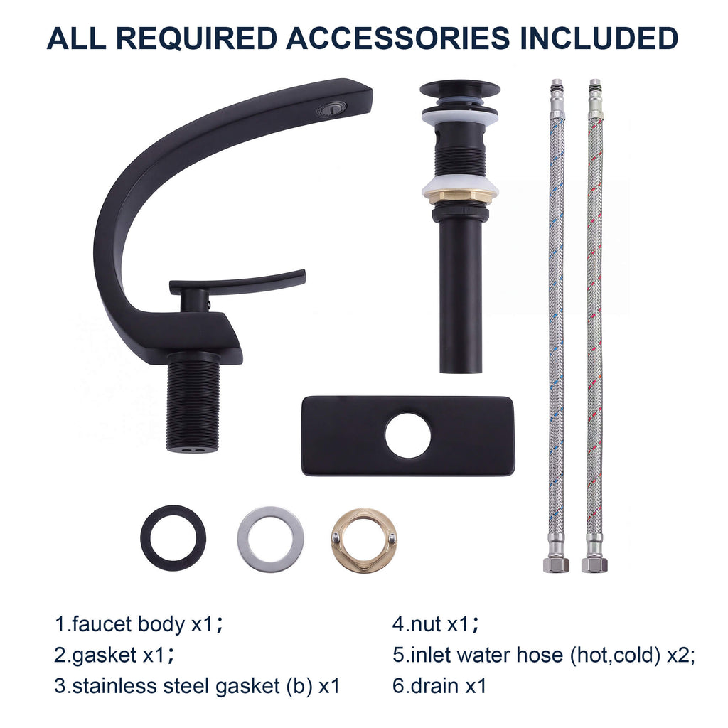 7.68" Brass Single Hole Single Lever Handle Bathroom Sink Faucet with Curved Spout