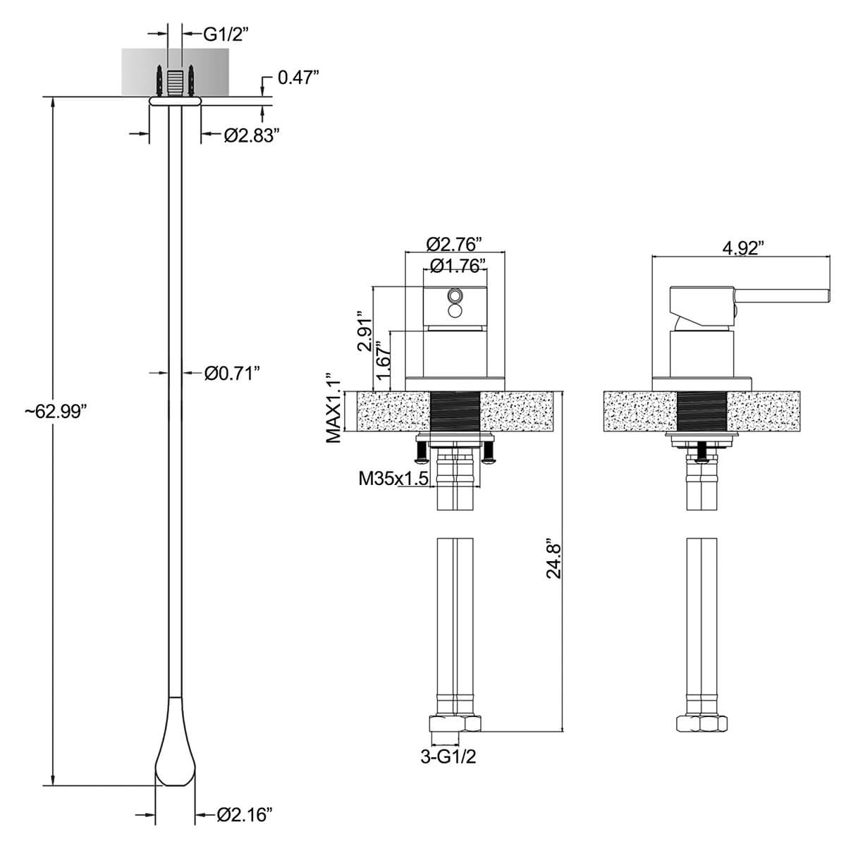 Ceiling-Mounted Basin Faucet with Floating Teardrop Spout and Deck Control Valve