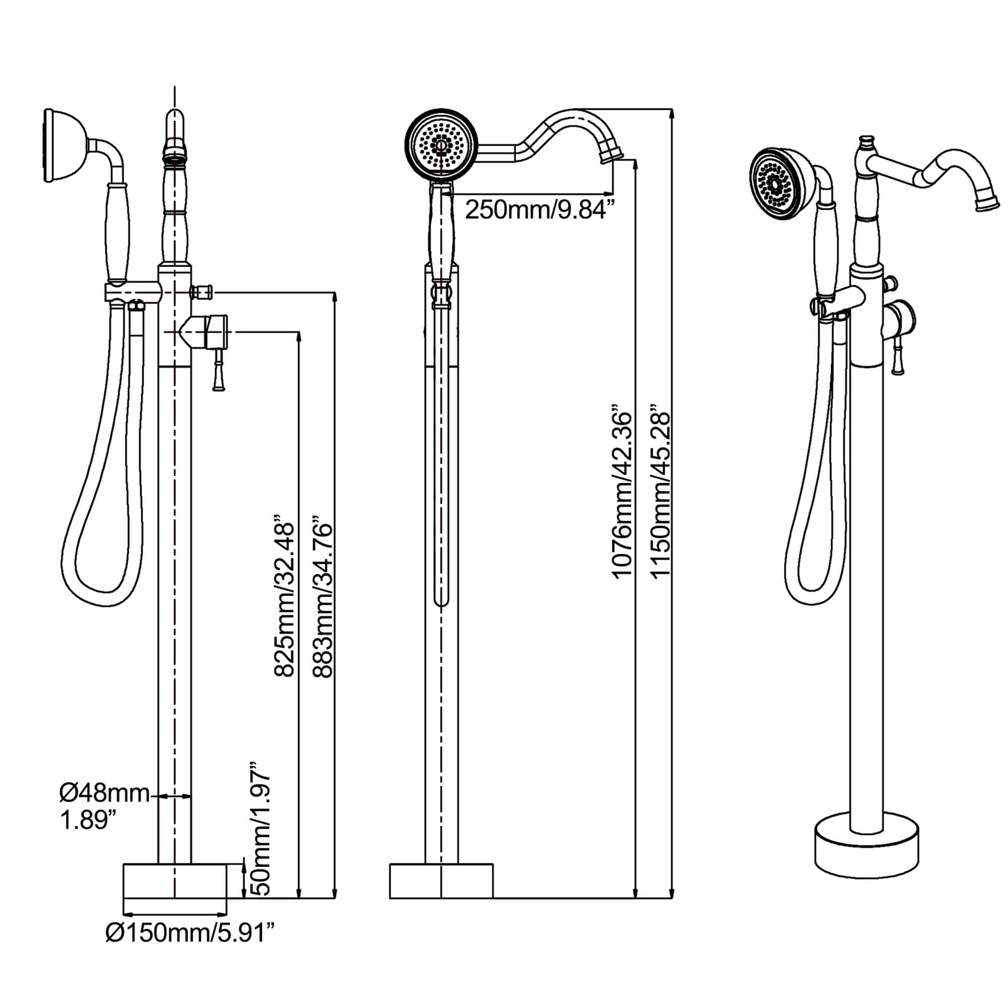 Classic Freestanding Tub Faucet with Hand Shower | 360° Swivel High-Flow Spout