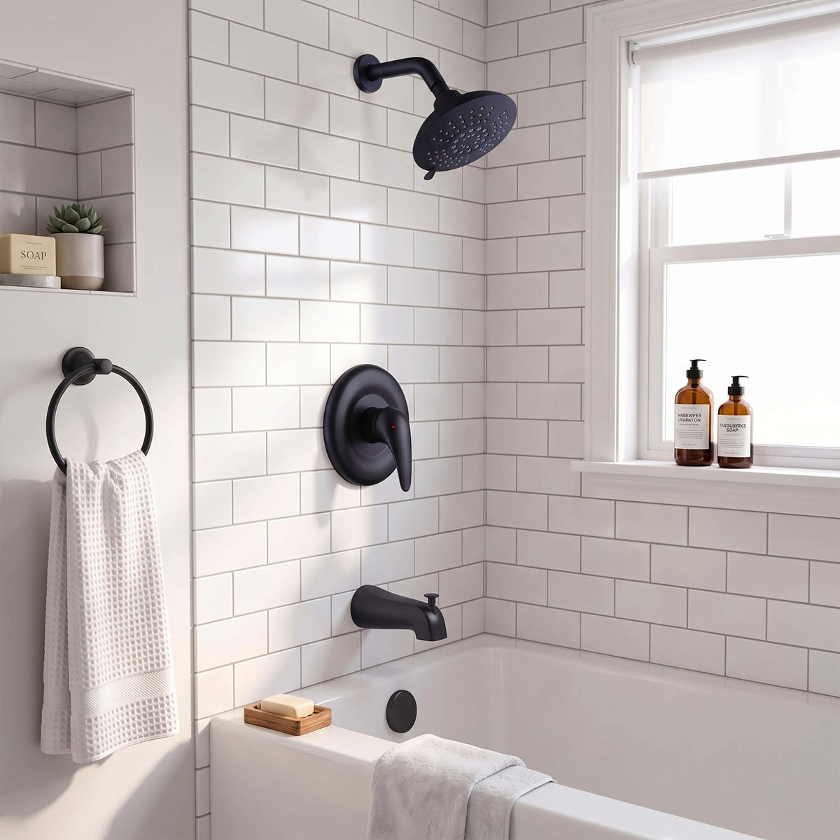 Modern Round Rain Shower System with 5-Function Spray and Integrated Tub Spout