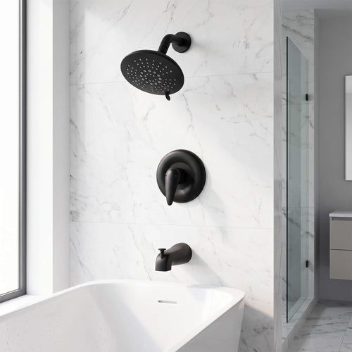 Modern Round Rain Shower System with 5-Function Spray and Integrated Tub Spout