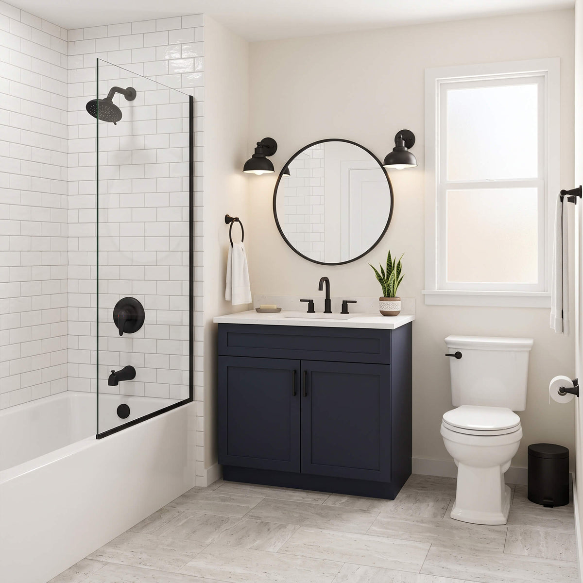 Modern Round Rain Shower System with 5-Function Spray and Integrated Tub Spout