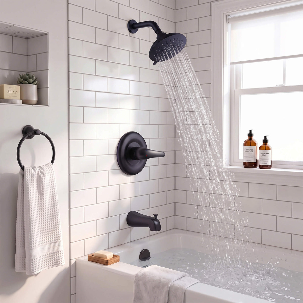 Modern Round Rain Shower System with 5-Function Spray and Integrated Tub Spout