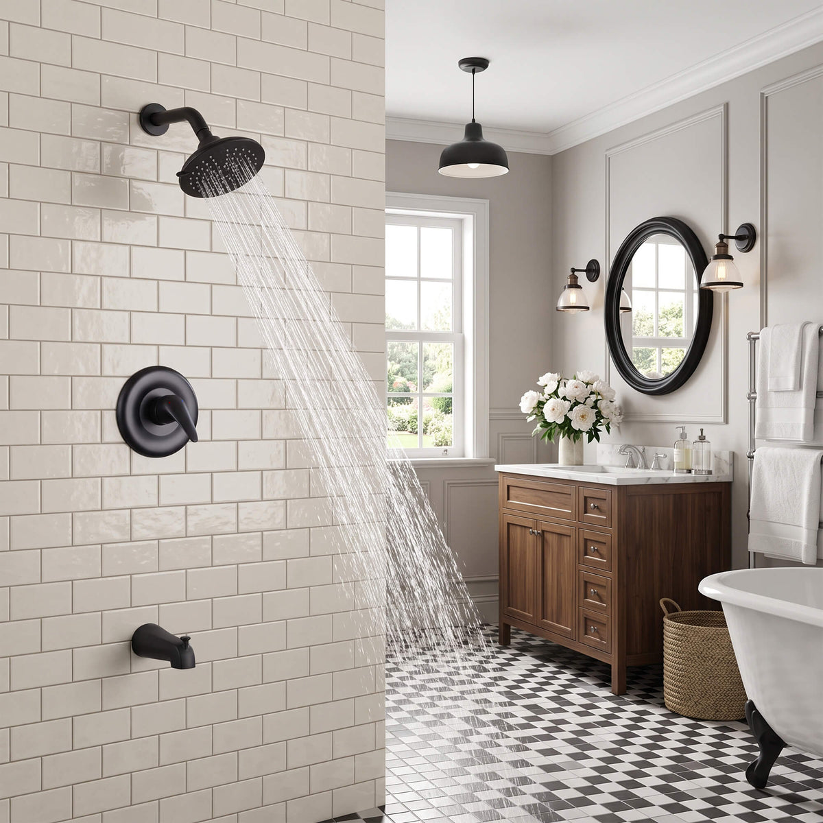 Modern Round Rain Shower System with 5-Function Spray and Integrated Tub Spout