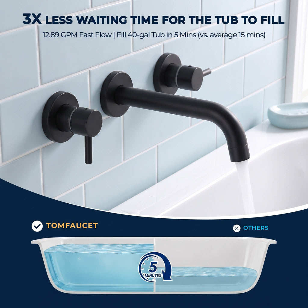 Fast Flow Modern Wall Mount Tub Faucet with 2 Handles & Swivel Spout