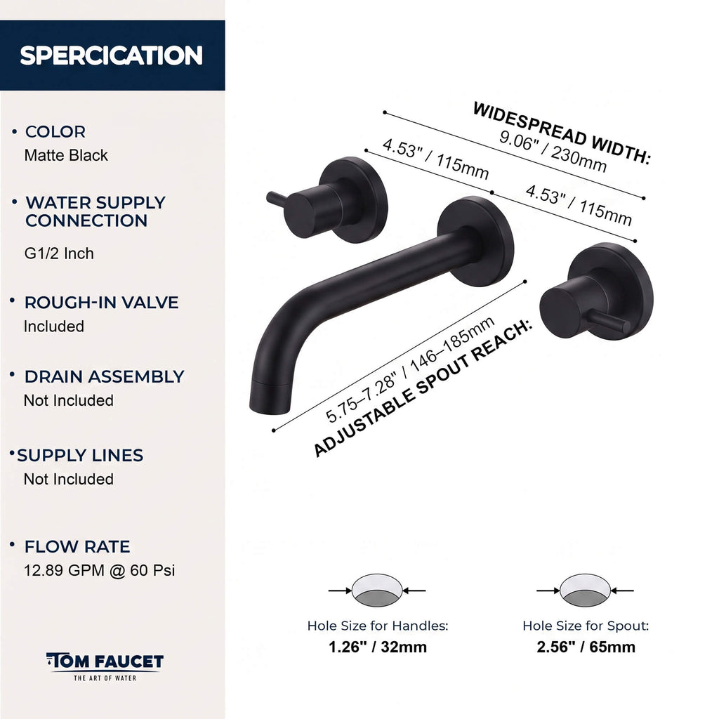 Fast Flow Modern Wall Mount Tub Faucet with 2 Handles & Swivel Spout
