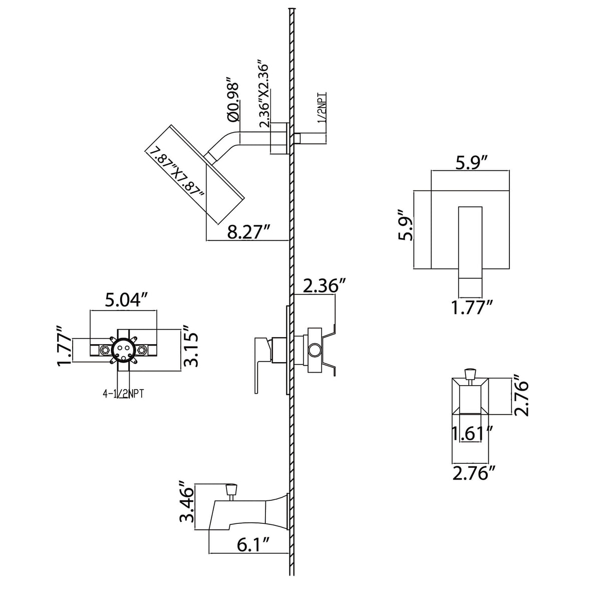 Minimalist 2-Function Shower System with High-Flow Tub Spout
